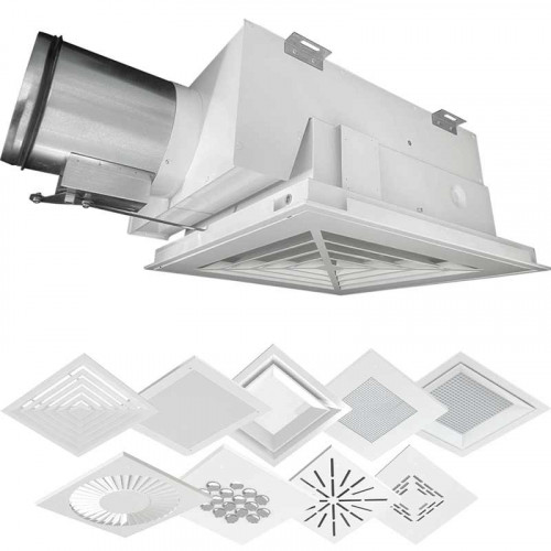 Потолочный воздухораспределитель с блоком уменьшенной высоты с круглым патрубком и боковым подводом ВБ-У